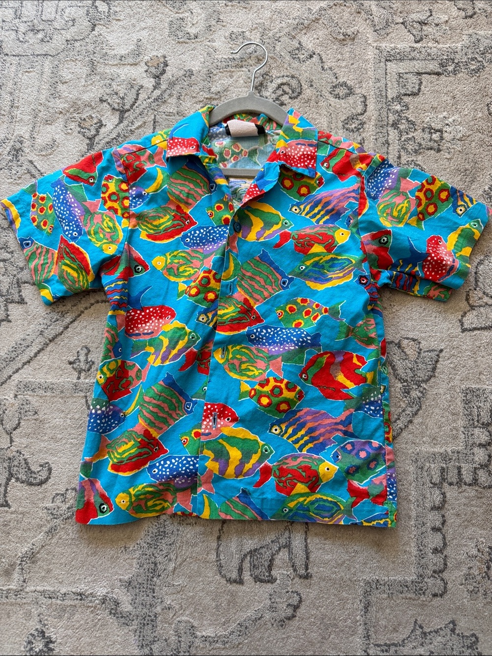 Kids' Short Sleeve Button-Down Fish Print Shirt - Turquoise